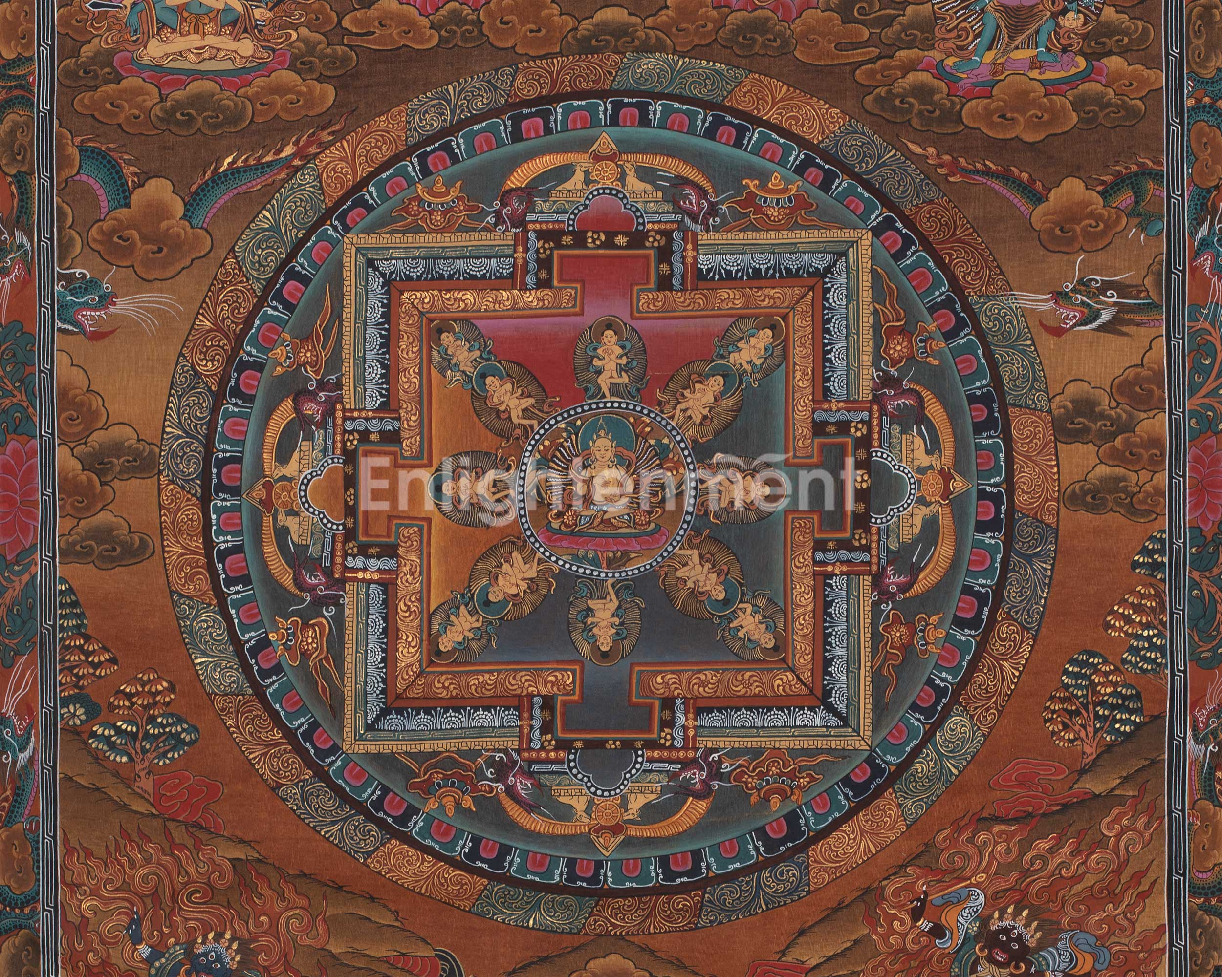 Vintage Mandala with Guhyasamaja , Chakrasamvara and Mahakalas | Thangka with Brocade