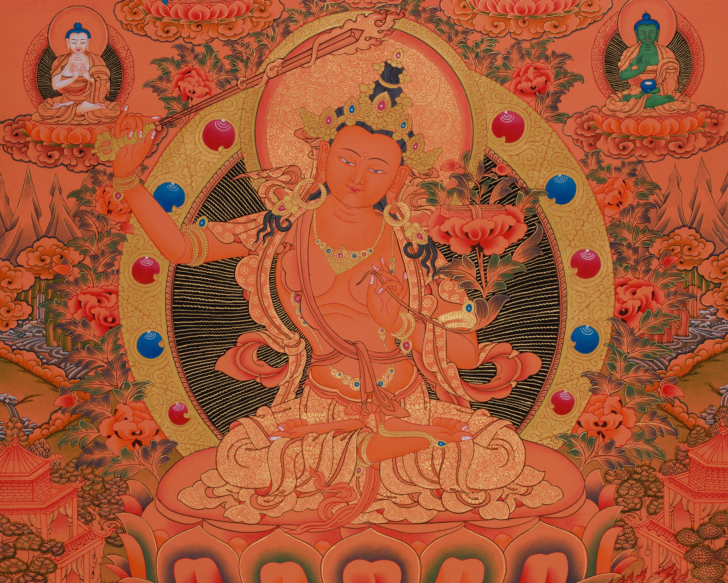 Manjushri with Five Buddhas & Bodhisattvas |  Sacred Thangka of Wisdom and Enlightened Energy