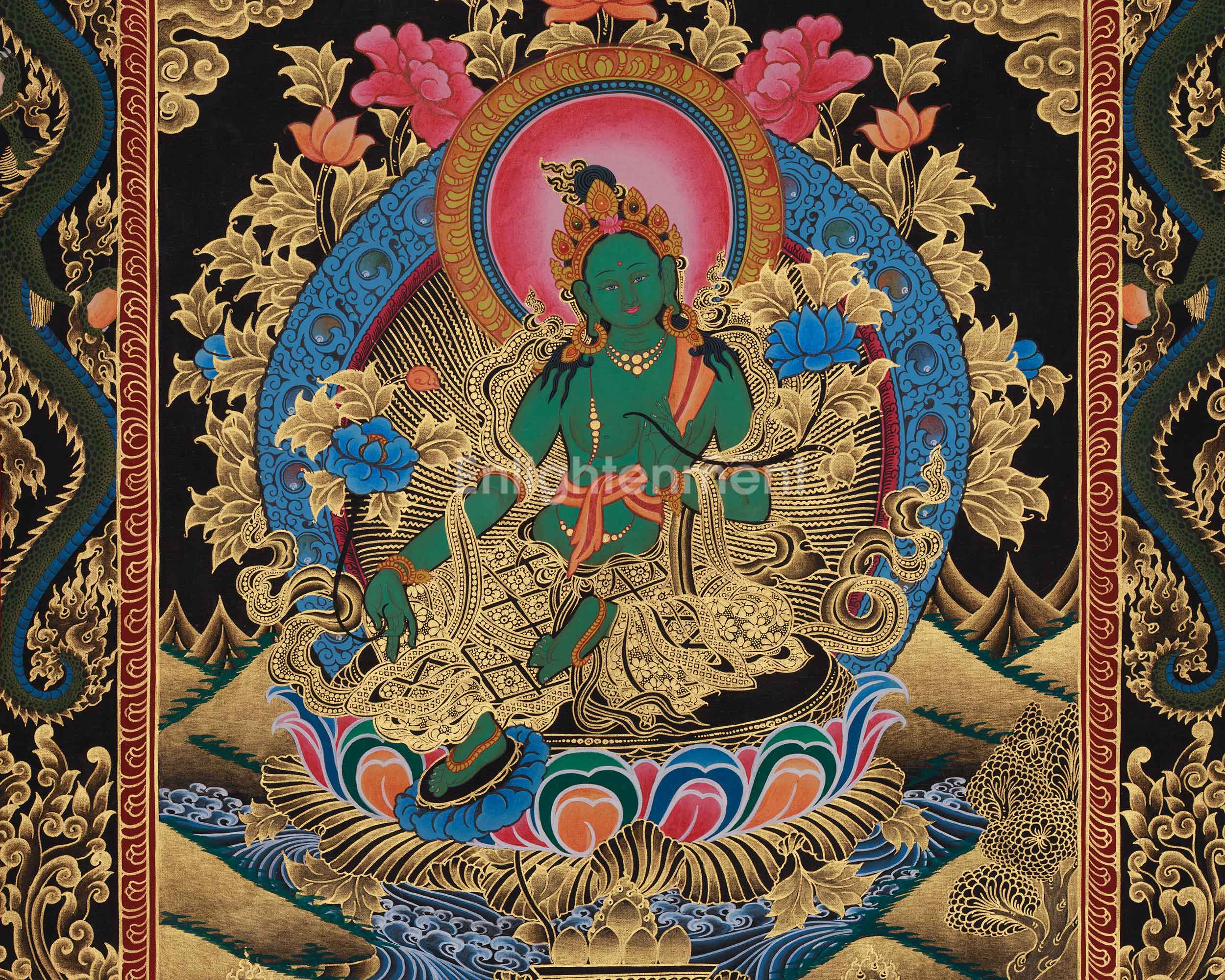 Bodhisattva Green Tara Art | Goddess of Compassion and Protection in Paubha Style