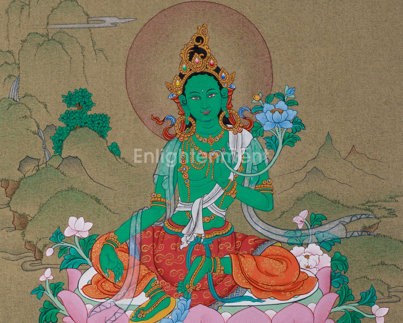 Goddess Arya Tara (Green Tara) Thangka | Divine Protector and Compassionate Healer