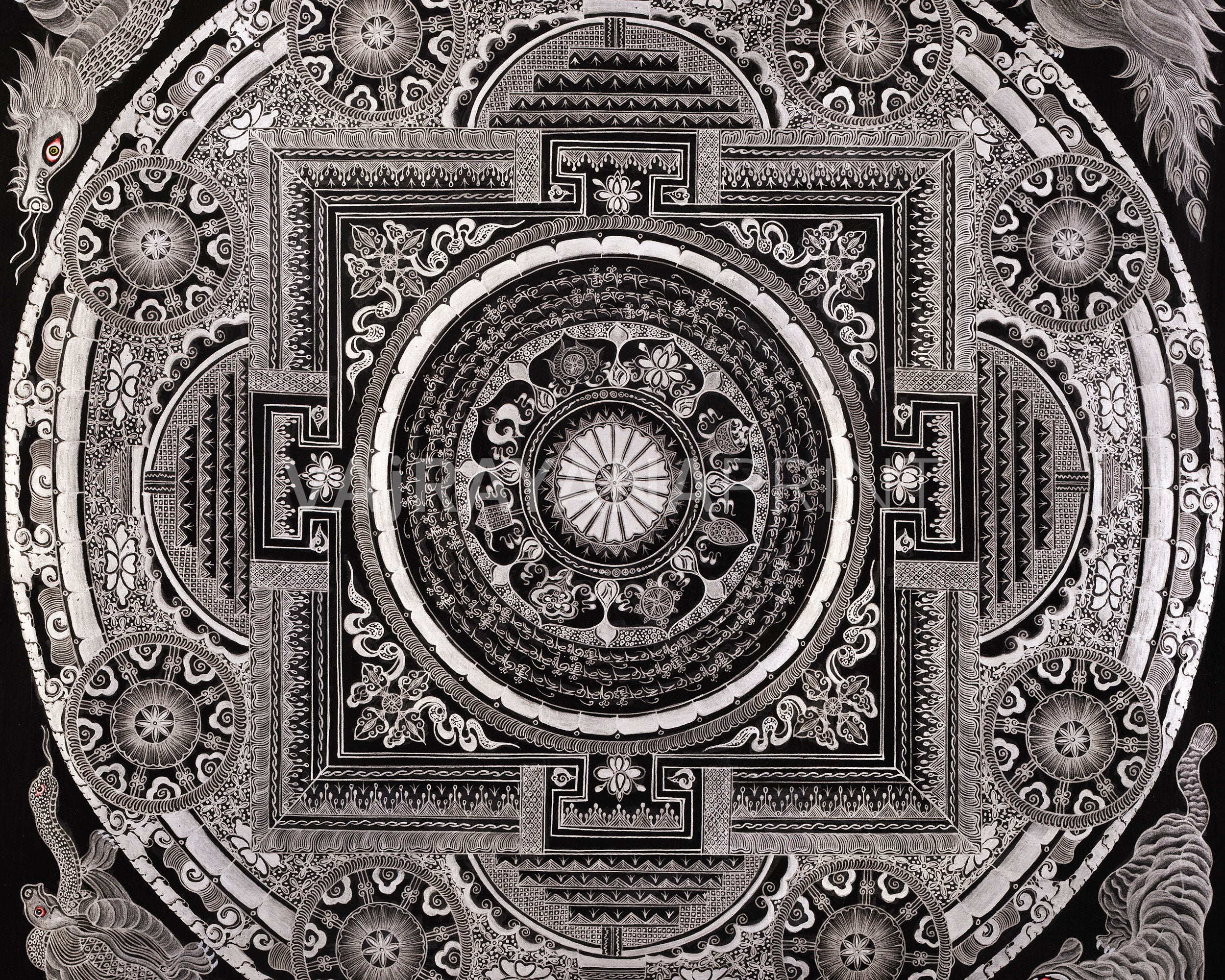 Eight Auspicious Symbol Mantra Mandala | Giclée Cavans Print | Monochromatic Artwork