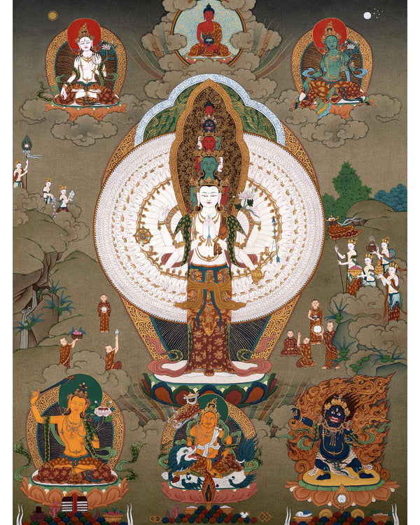 1000 Armed Chenrezig With Buddha and Bodhisattva | Avalokiteshvara Thangka Painting