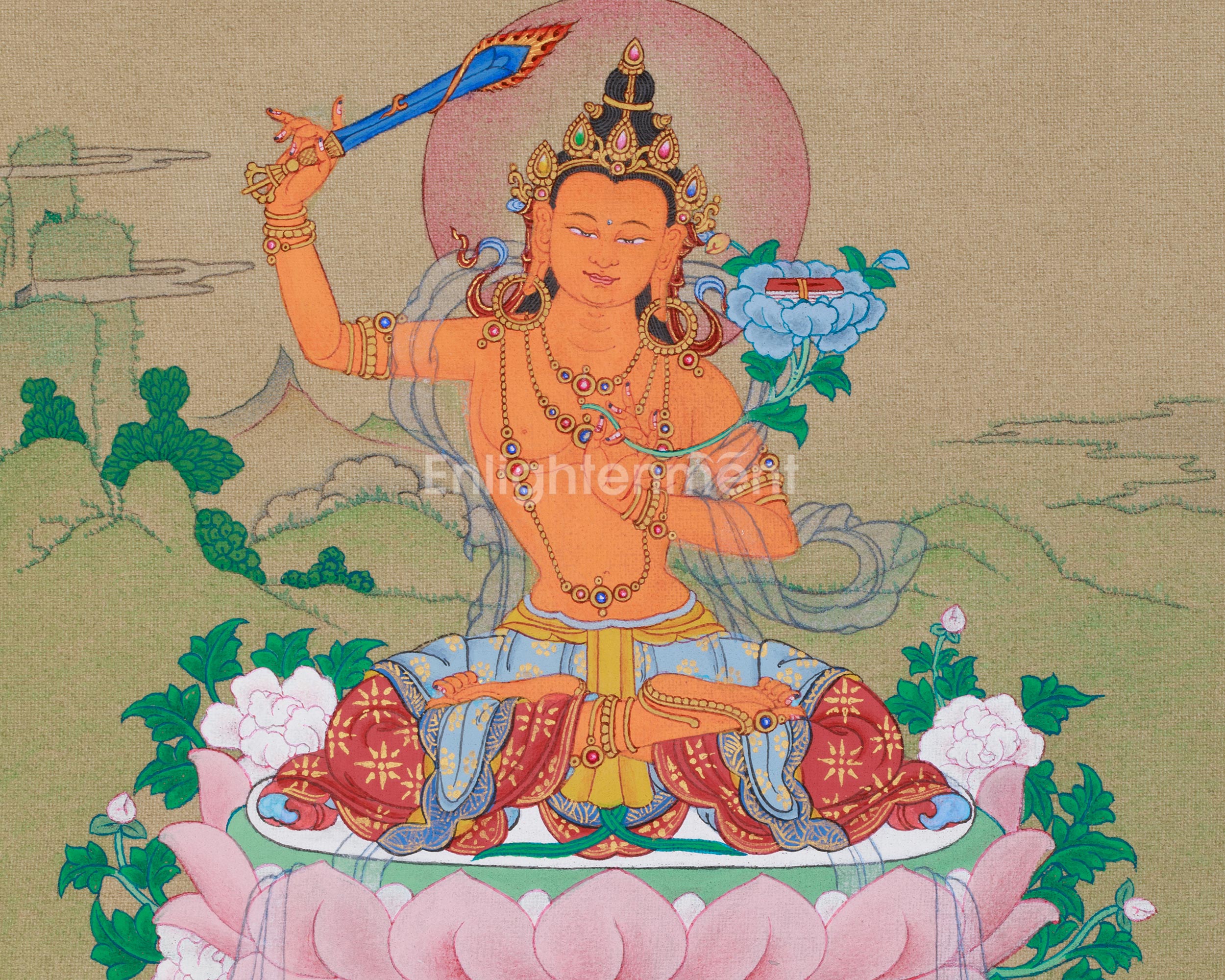 Thangka of Traditional Bodhisattva Manjushri | The Supreme Symbol of Transcendent Wisdom and Insight