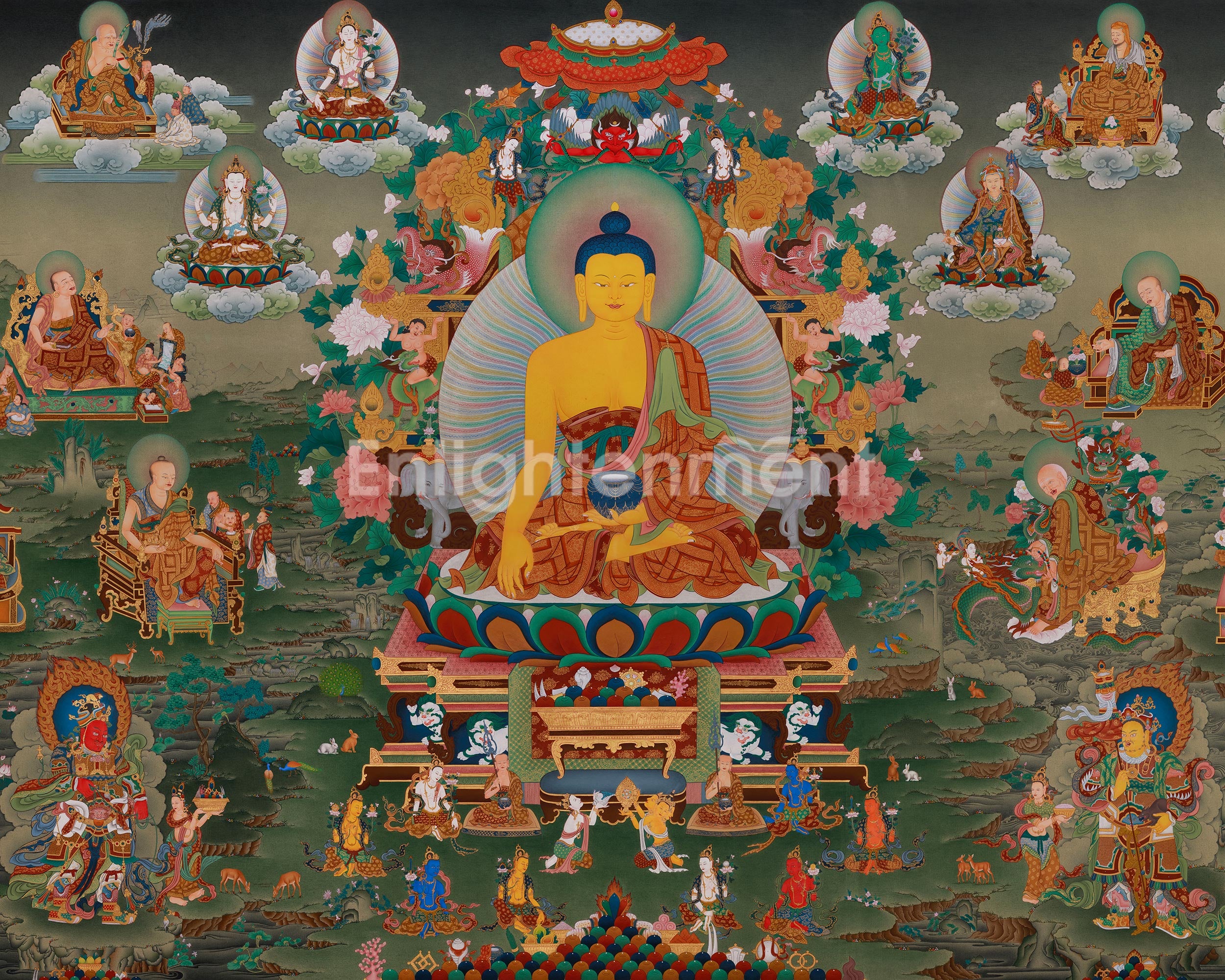Tibetan Shakyamuni Buddha With 16 Arhat Thangka | Representation of Compassion, and Enlightenment
