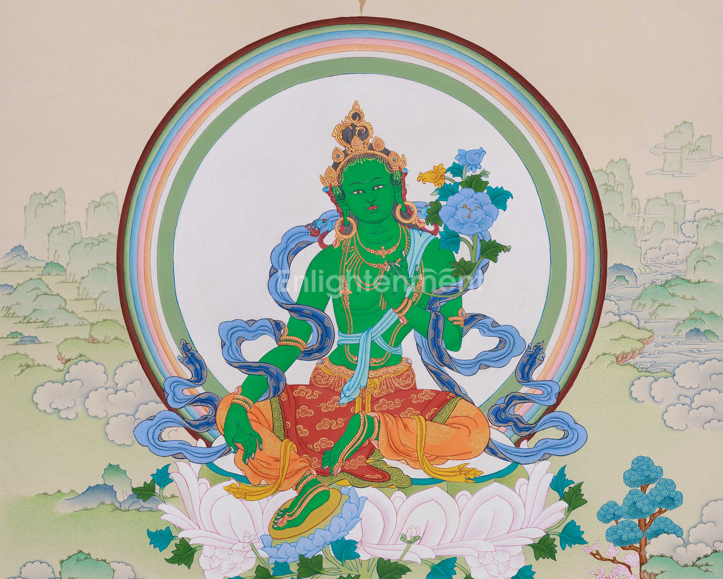 Divine Thangka of Green Tara with Amitabha | Goddess of Compassion and Protection