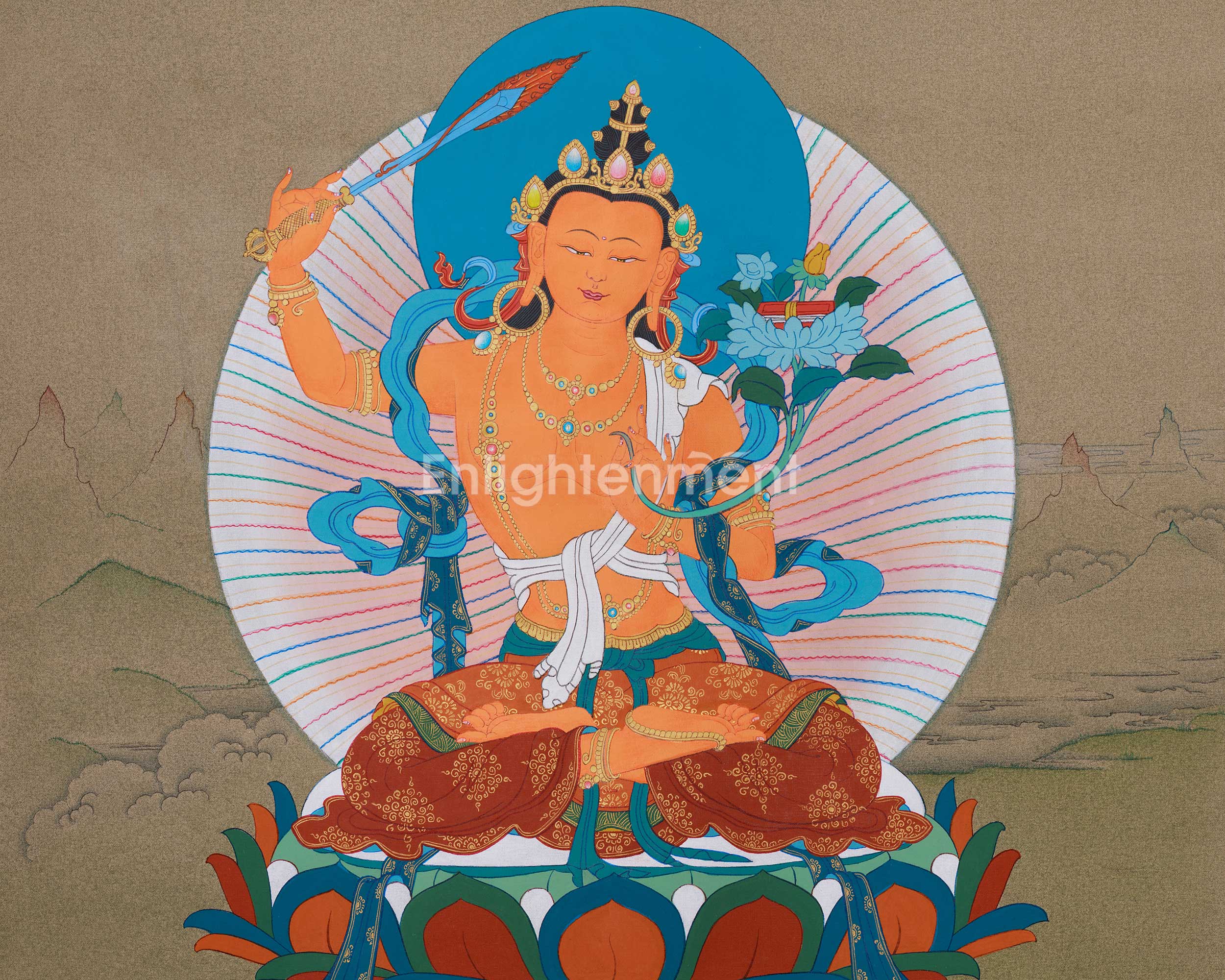 Thangka of Manjushri Bodhisattva | The Compassionate Deity of Wisdom and Clarity