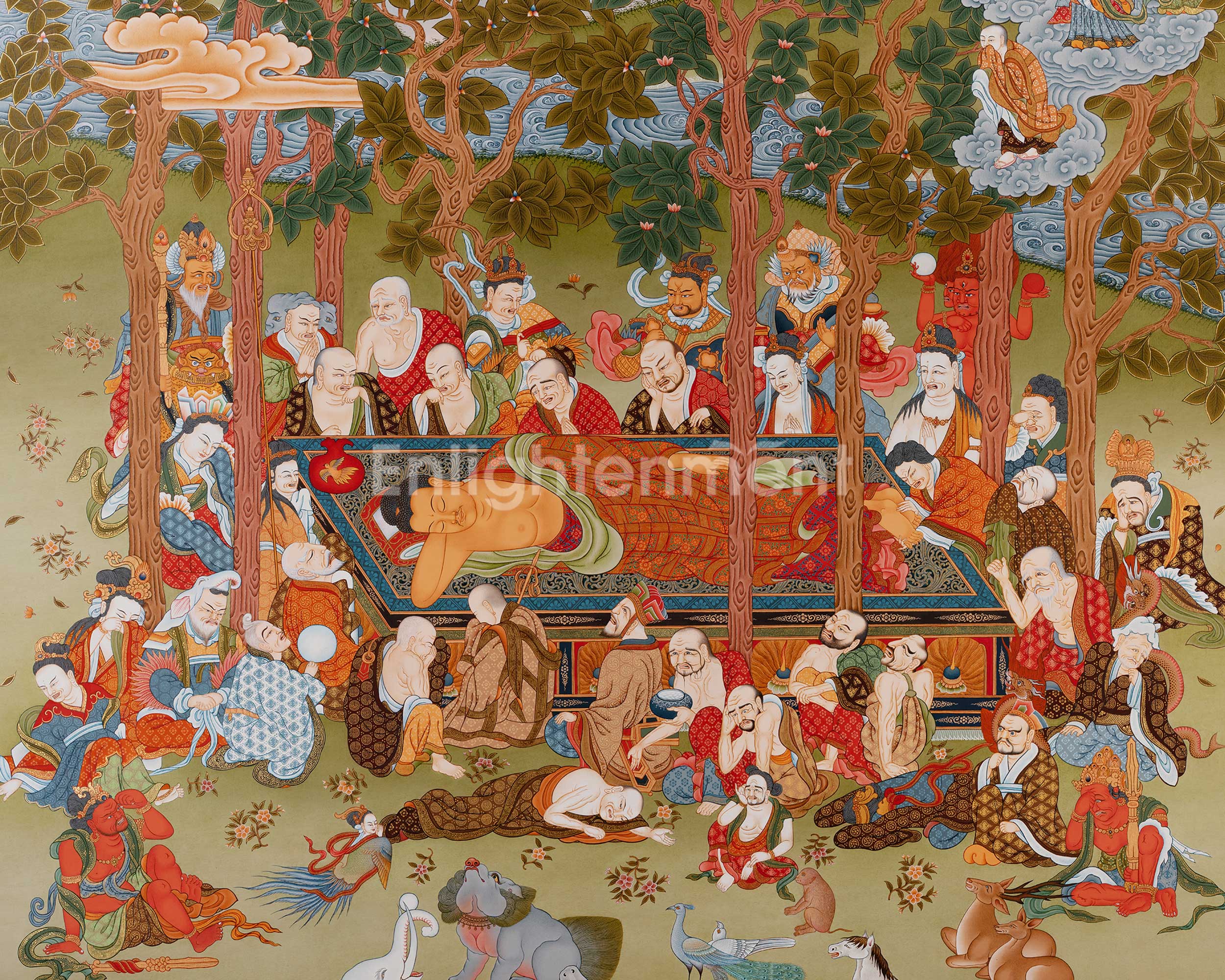 Buddha's Mahaparanirvana Thangka | Buddhist Handpainted Artwork | Wall Hanging Decor