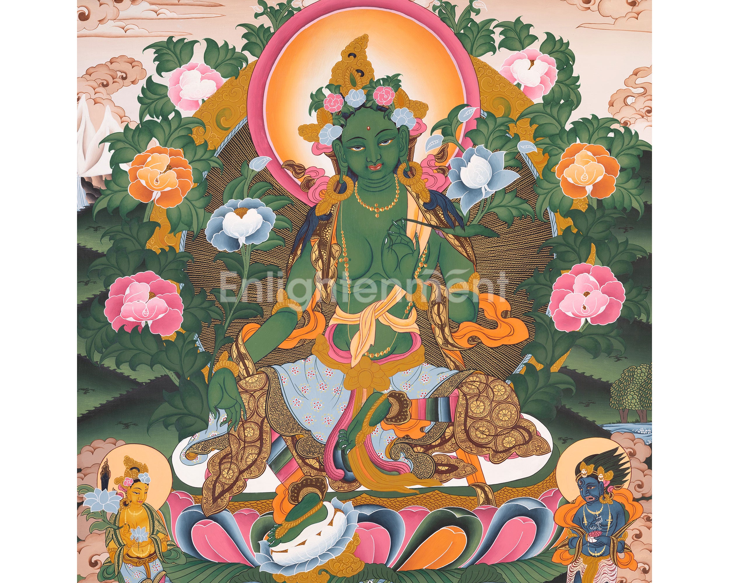 Amitabha Buddha And Green Tara Thangka | Pure Land Enlightenment & Compassionate Protection