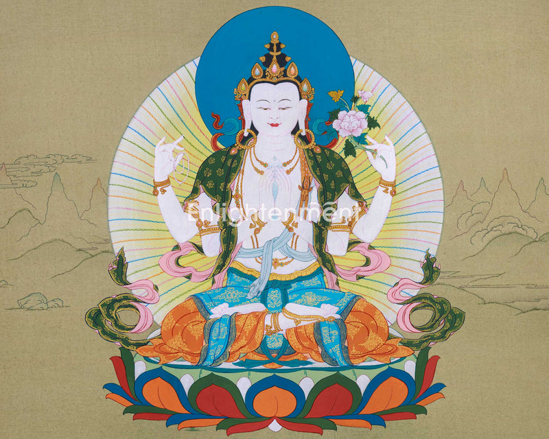 4 Armed Chenresig Thangka, Karma Gadri Art