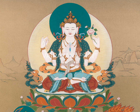 Chenrezig With Manjushri & Vajrapani Thangka Print | The Guardians of Wisdom and Compassion | Wall Decorations