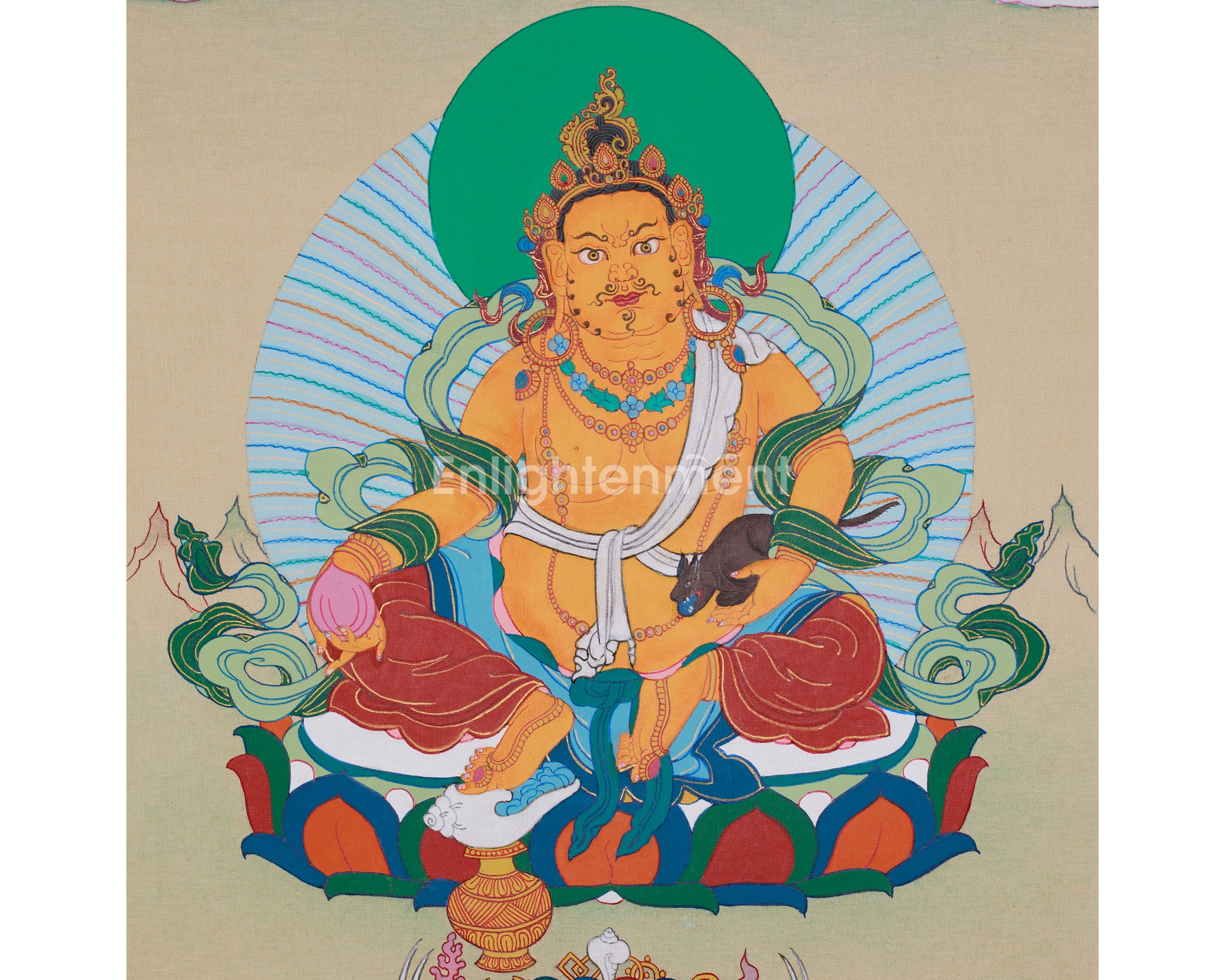 Sacred 12-Inch Dzambhala Thangka | The Tibetan God of Wealth, Fortune, and Generosity