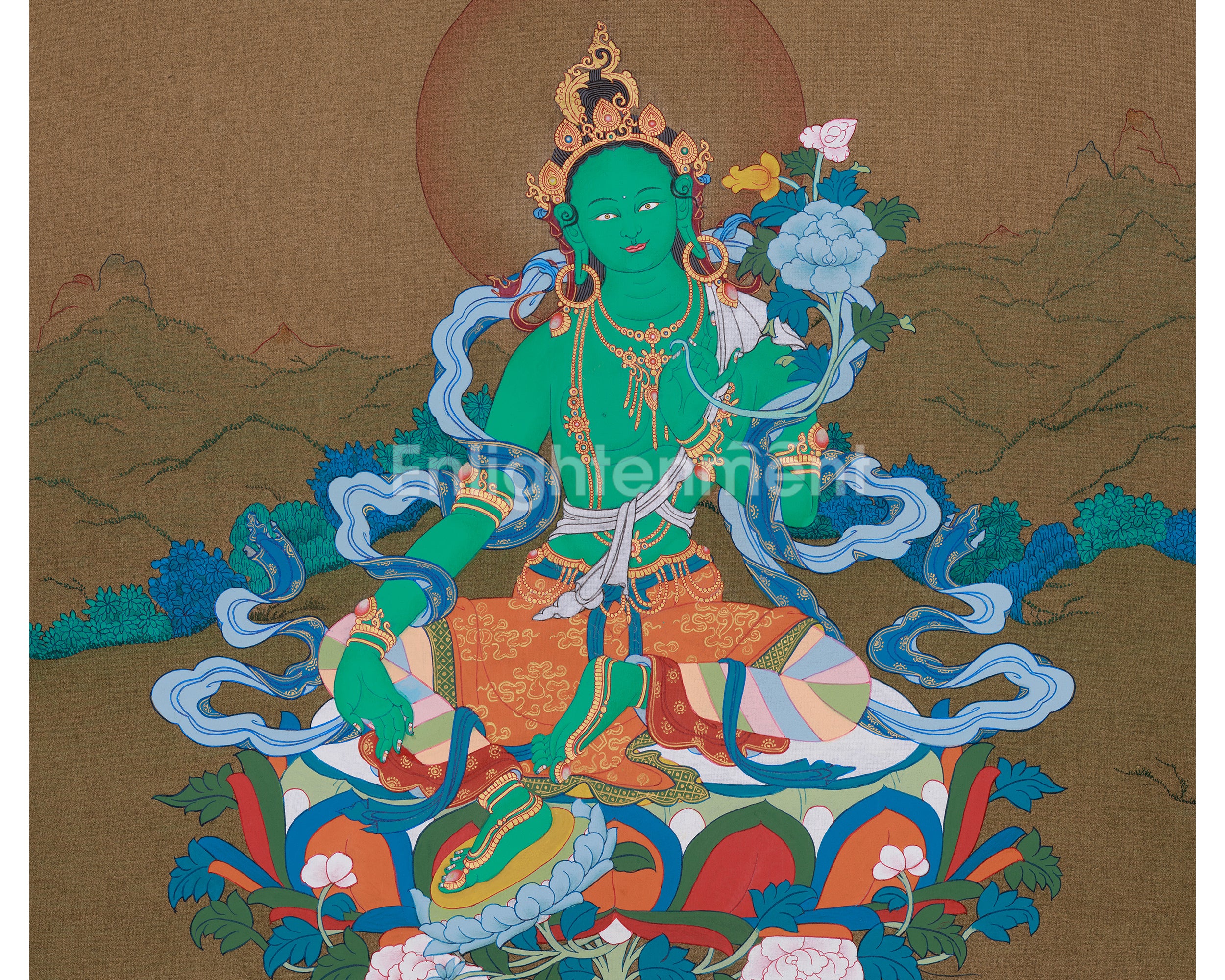 Buddhist Goddess Arya Tara Painting | The Compassionate Green Tara, Protector and Healer
