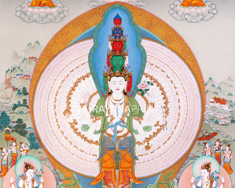 1000 Armed Chenresig Thangka Print | Bodhisattva Canvas Art | Avalokiteshvara Decors