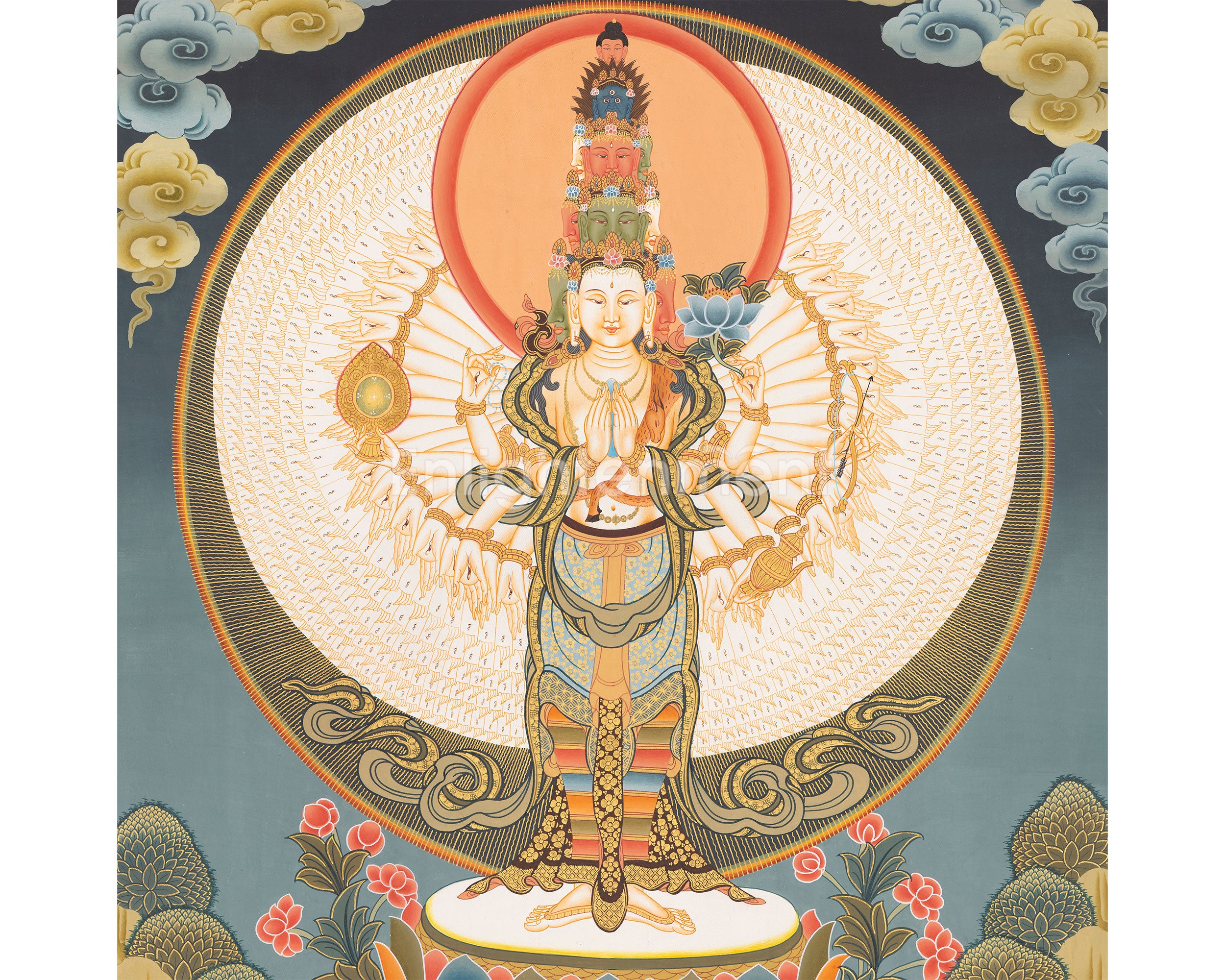 Hand-Painted 1000-Armed Lokeshvara Thangka | Bodhisattva of Infinite Compassion