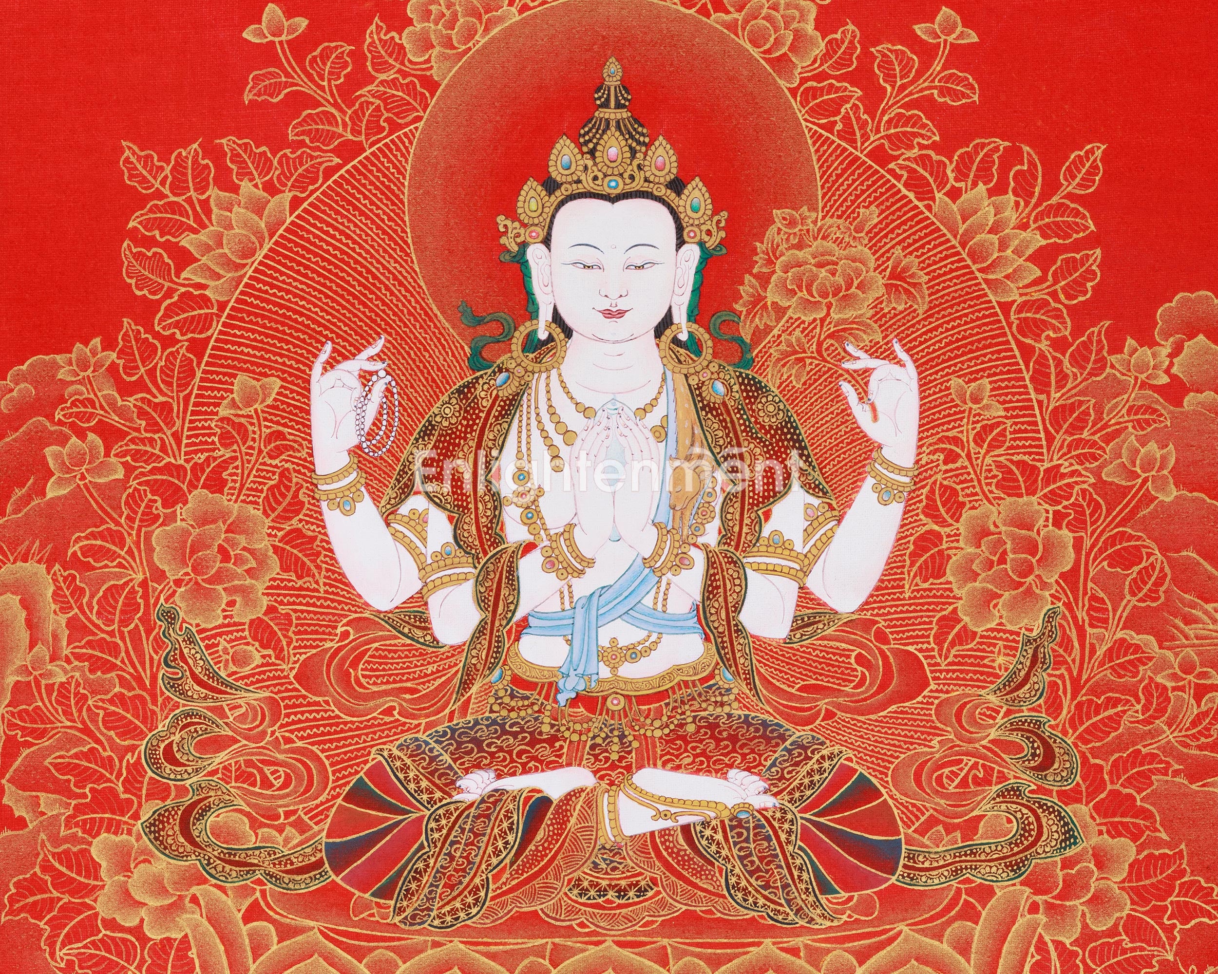 4 Arms Chenrezig Thangka | Nakthang Style with 24K Gold on Red Canvas