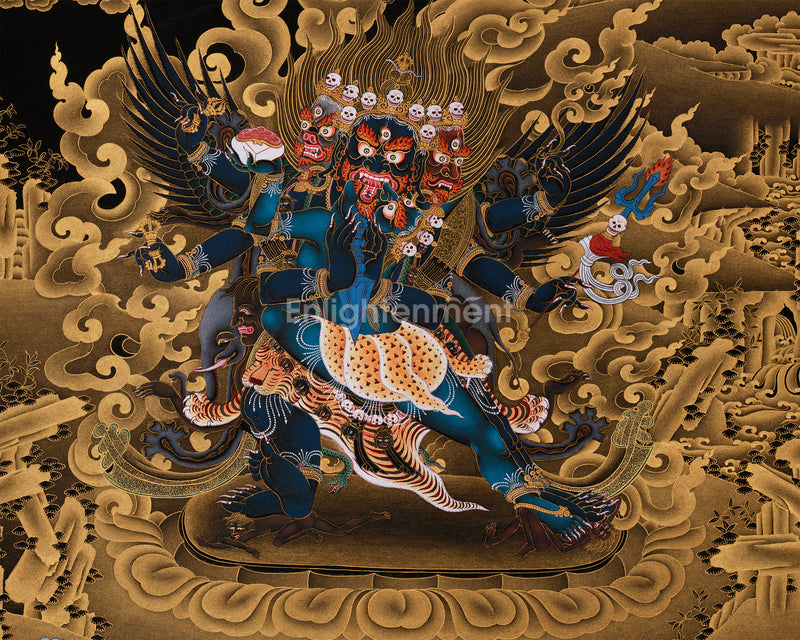 Yidam Deity Vajrakilaya Thangka | Sacred Protector in Gold on Black