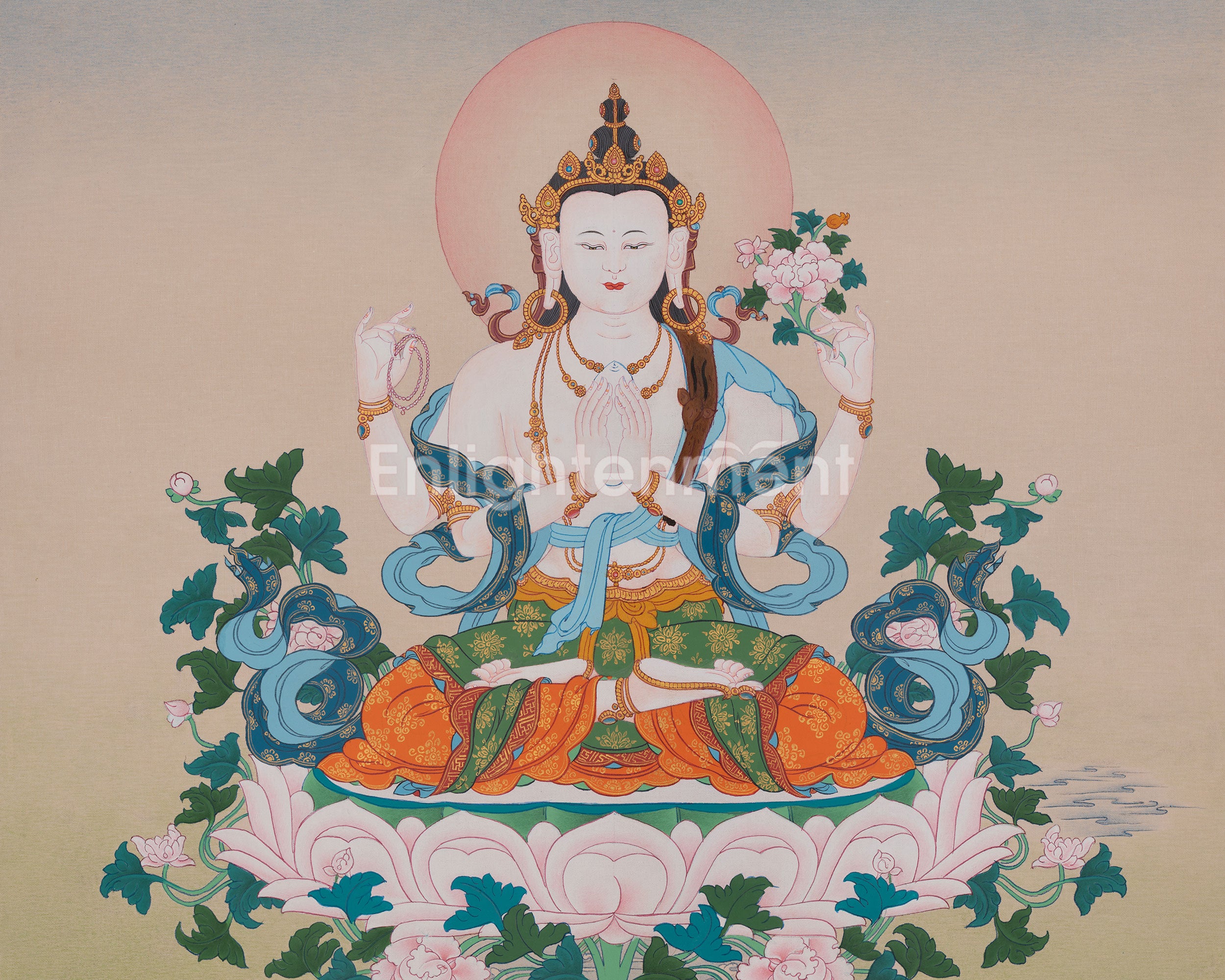 Hand-Painted Chenrezig Art | Compassion Bodhisattva Thangka | Avalokiteshvara Artwork