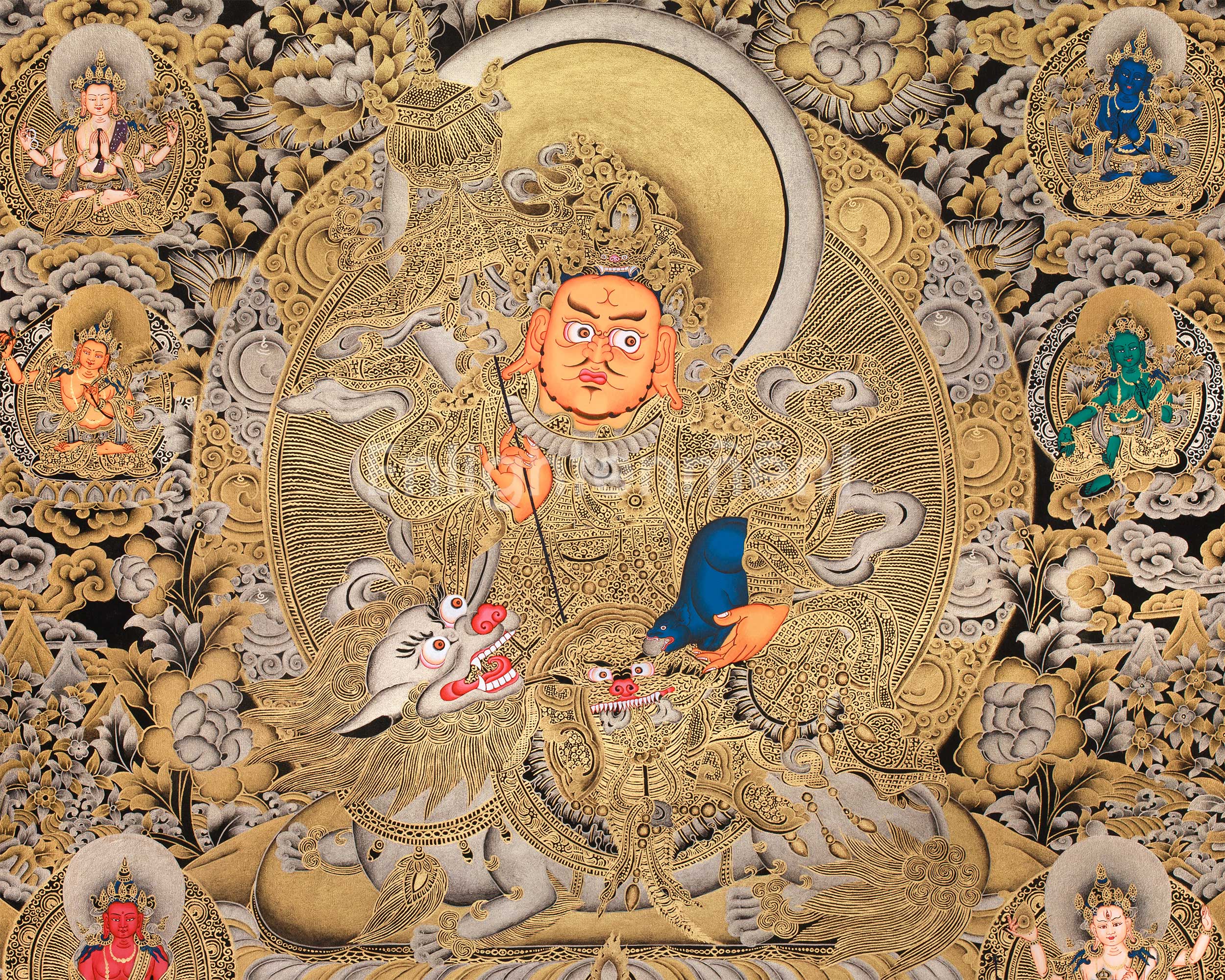 Exquisite Vaishravana, Guardian of the North Thangka | 24K Gold Embellished Art on Black Canvas