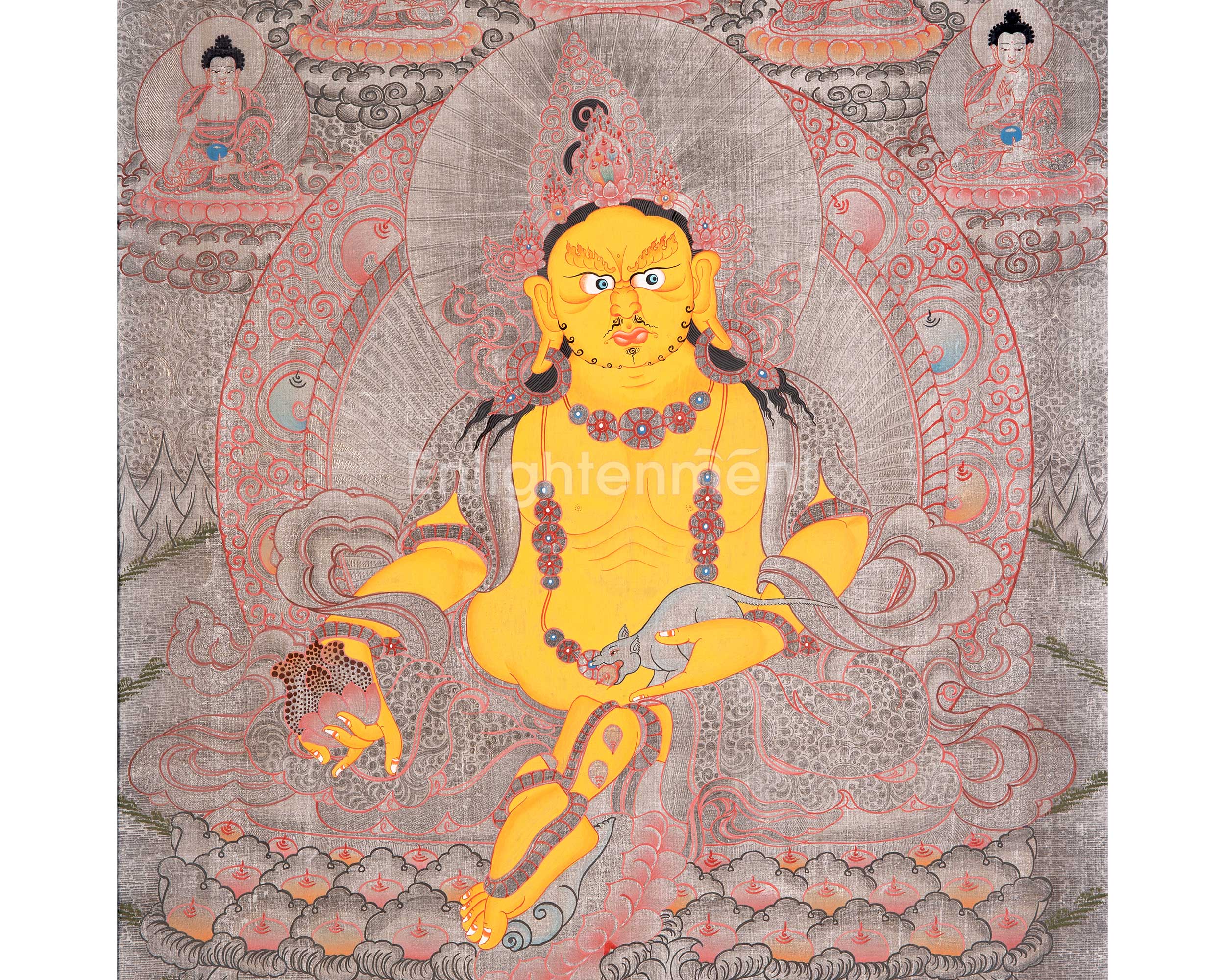 Dzambala Thangka Painting | Brocade Mounted Dzambhala Mantra