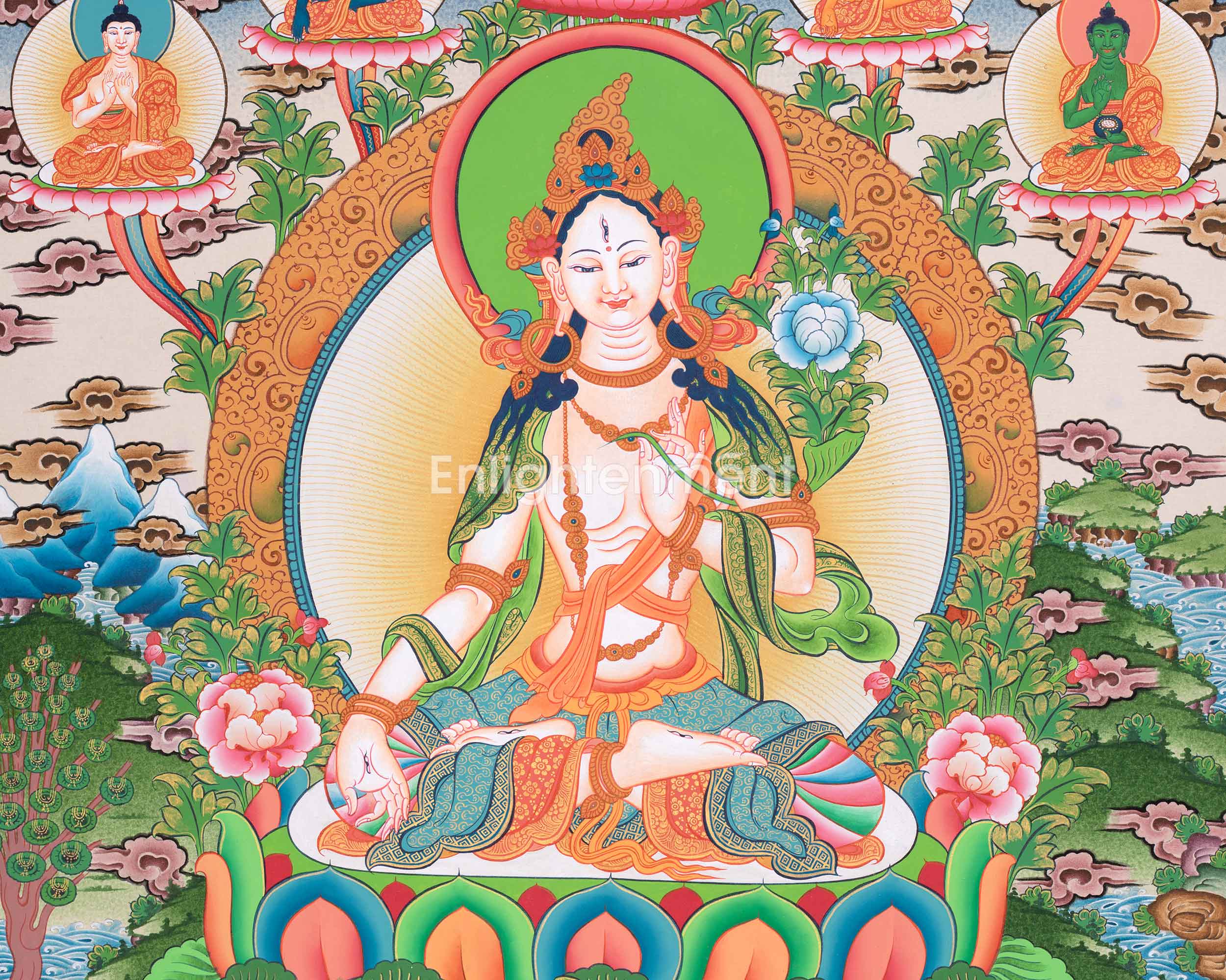 Female Buddhist Goddess, White Tara Thangka | 5 Dhyani Buddhas