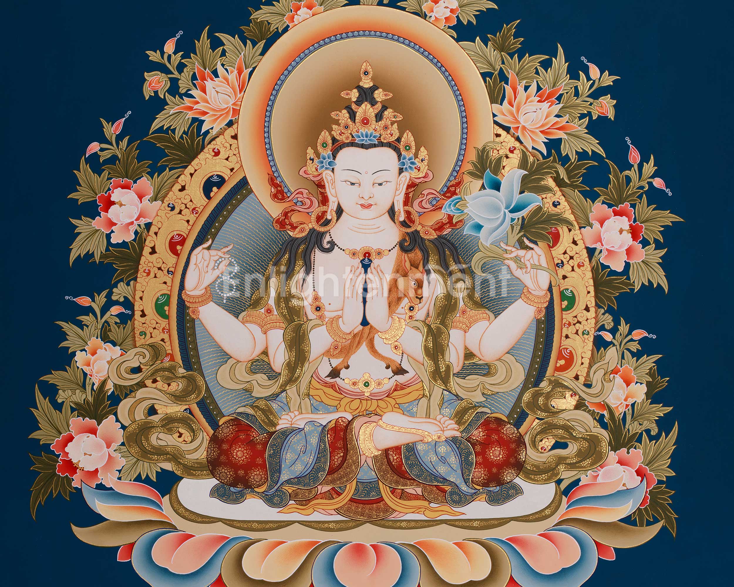 Compassionate Buddha Chenrezig (Avalokiteshvara) Thangka | Deity of Mercy, Wisdom & Enlightened Activity