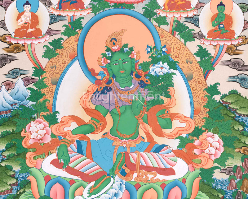 Green Tara Thangka with Other Deities | Wall Art for Tranquility