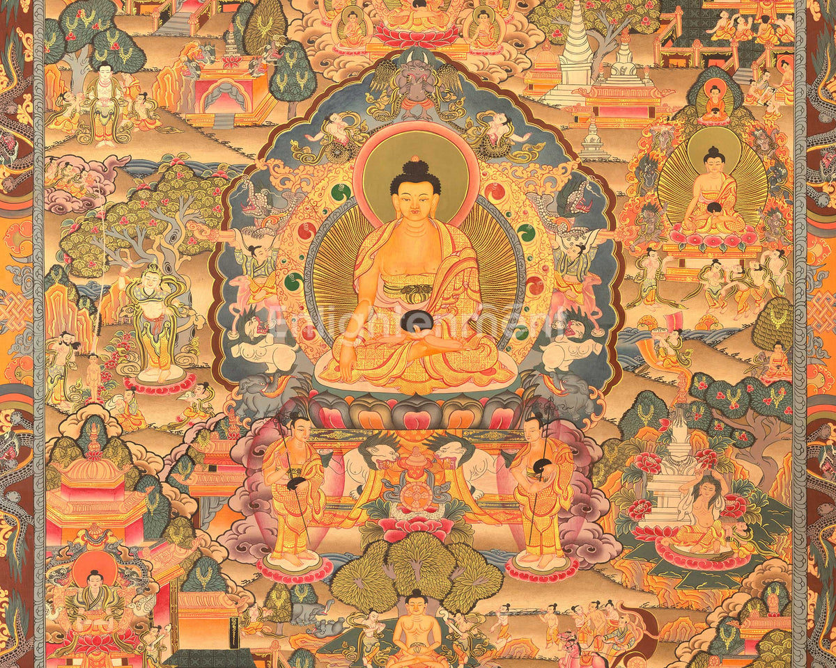 Miraculous Life Events Siddhartha Gautama Buddha | Hand Painted Thangka Art