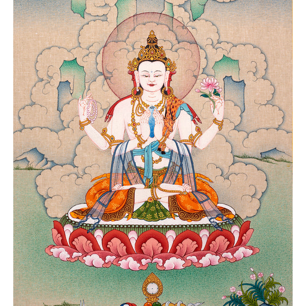 Avalokiteshvara, Lokeswor, Chyangresi, Chenrezig, Silver Thangka Painting with good Silk Brocade