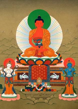 Amitabha Buddha, Chenrezig and Vajrapani | Hand Painted | Tibetan Thangka Art