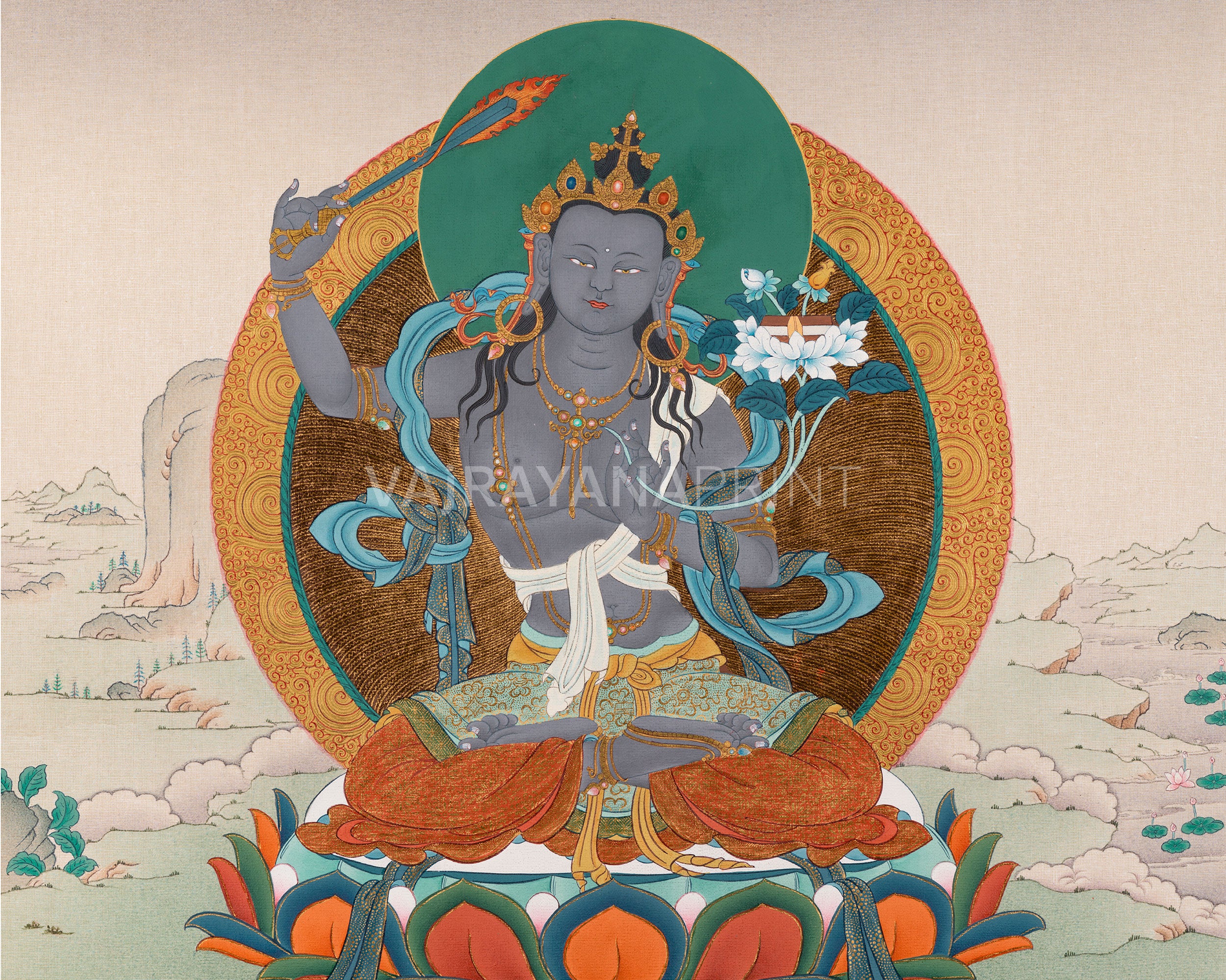 Black Manjushree Thangka Print | High Quality Manjushree Canvas Print | Wall Decor