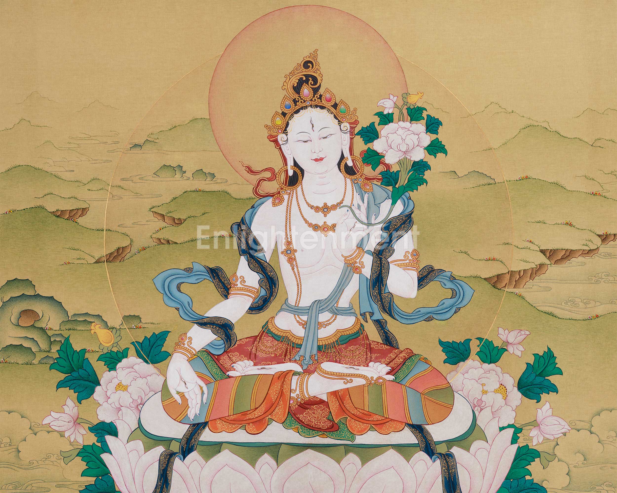 Female Buddhist Goddess White Tara Thangka | Longevity, Healing & Compassion