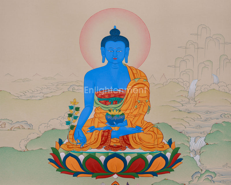 Lapis Lazuli Medicine Buddha Thangka | Healing and Compassion Through Sacred Art