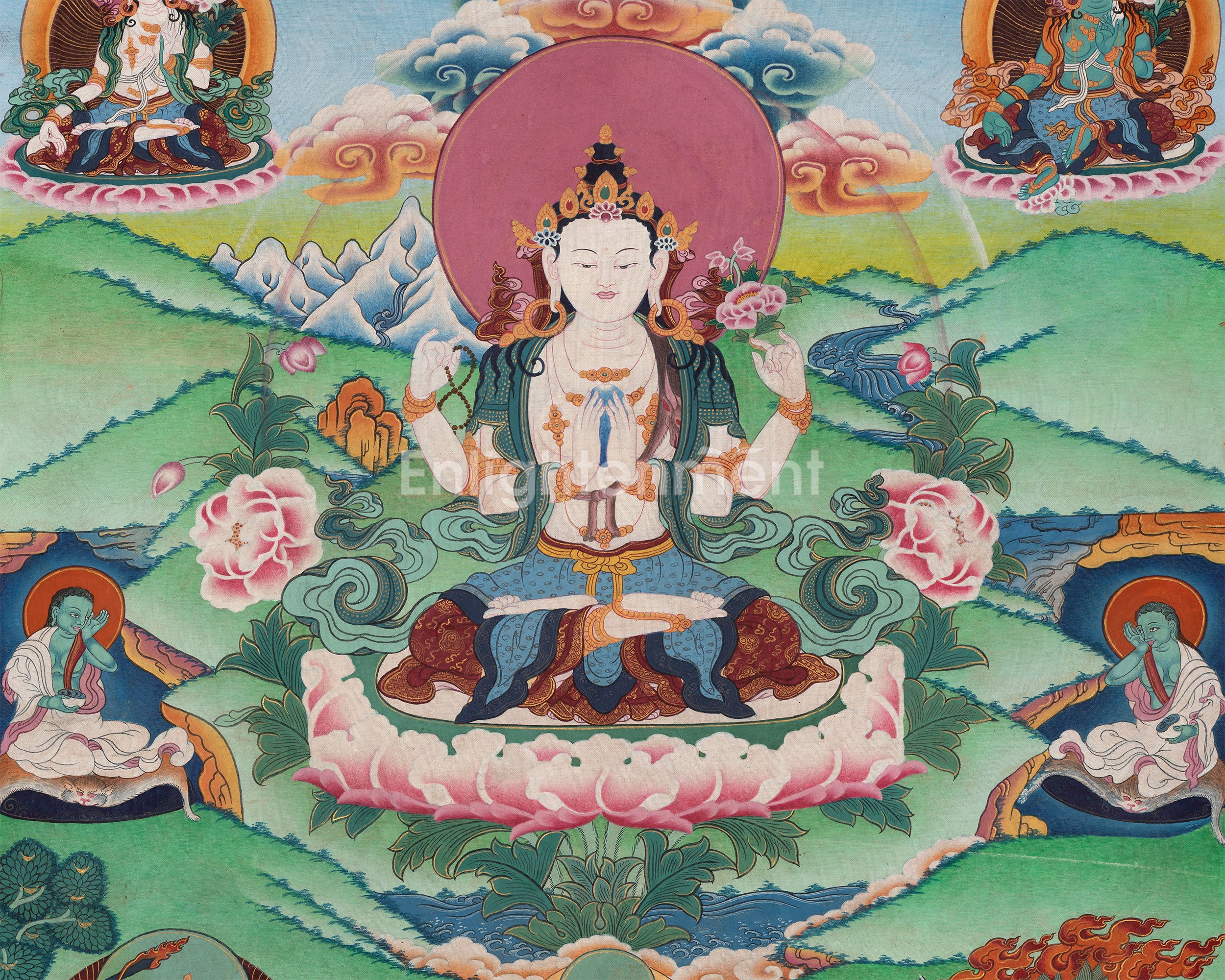 Original Vintage Chenrezig Thanka with Brocade | Traditional Thangka Art