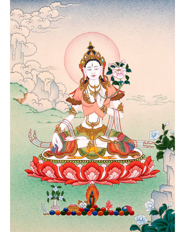 Mini White Tara Thangka | Traditional Tibetan Art