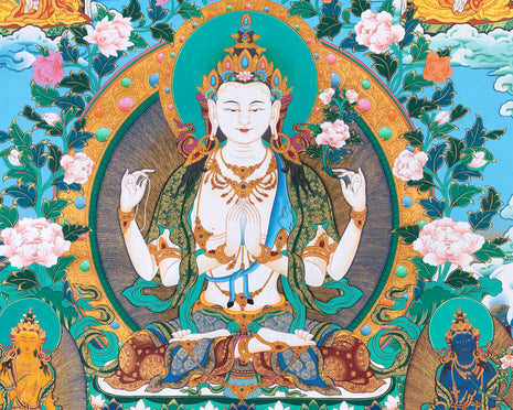 Chenrezig Thangka Print For Spiritual Awakening | Divine Avalokiteshvara Print | Exquisite Wall Hanging Art
