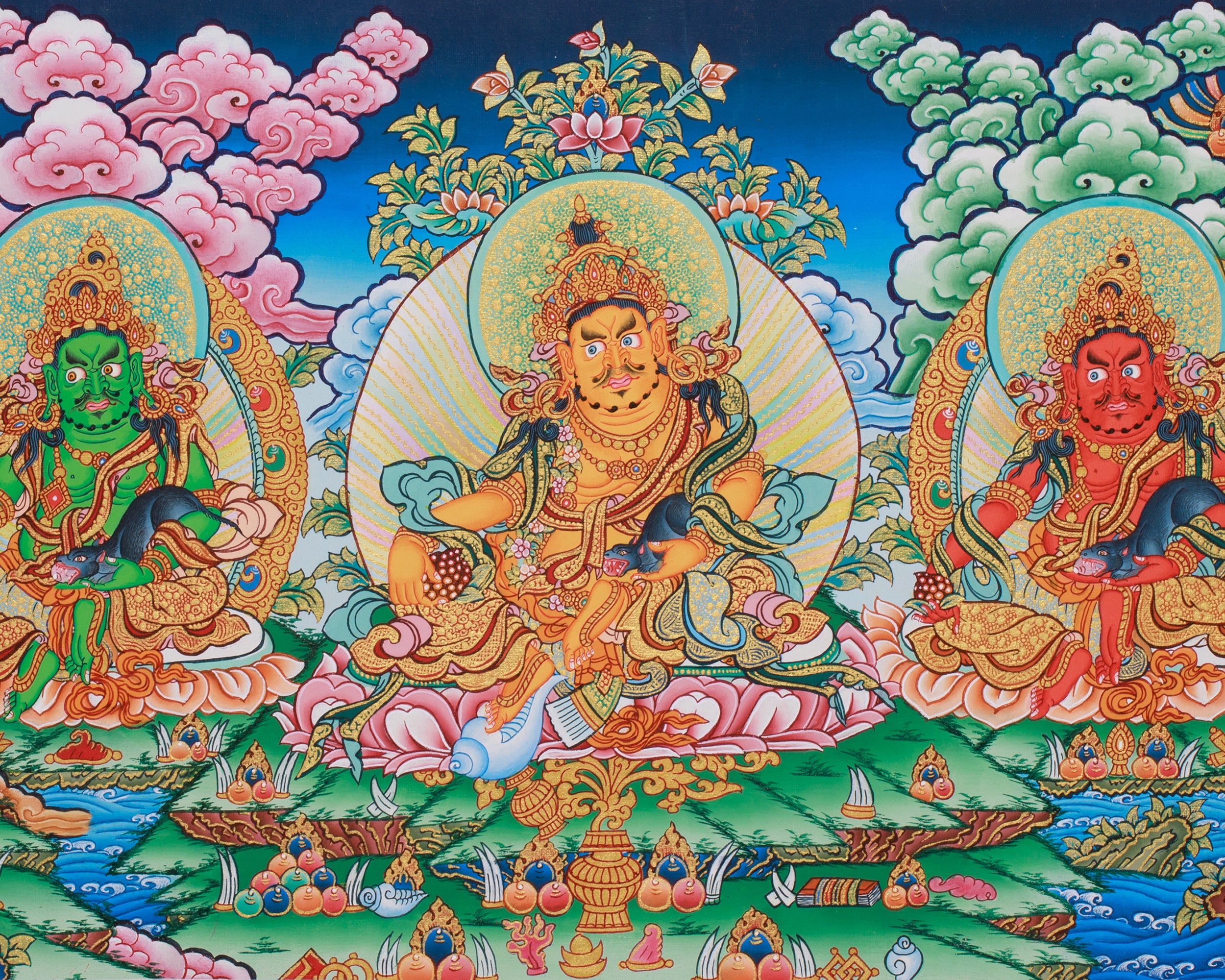 Tibetan Five Jambhalas Thangka | Buddhist Guardians of Wealth & Abundance