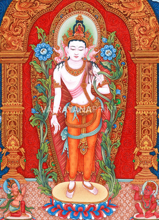 Standing Avalokiteshvara (Guanyin) Thangka Print | 5 Dhyani Buddhas |  High-Quality Giclee Print for Meditation | Paubha Painting