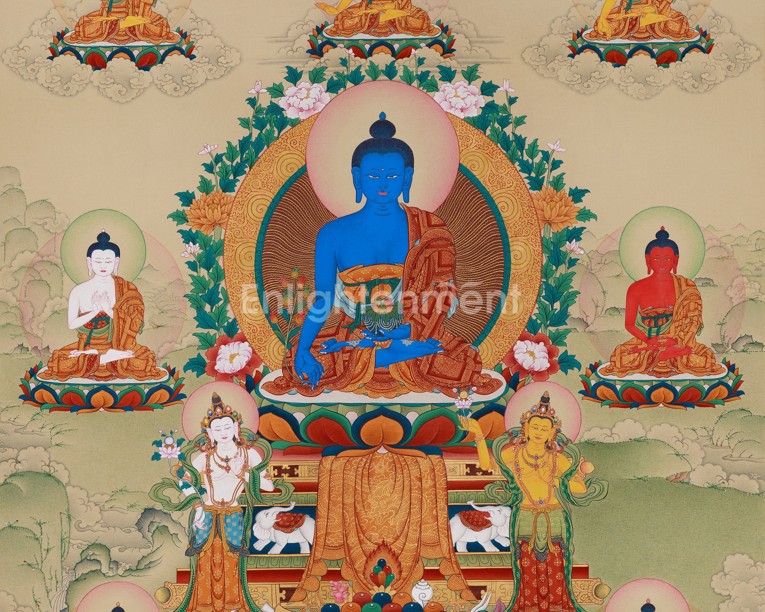 8 Medicine Buddha with Yuthok and Shanglon Dorje Dudul Thangka | Bhaisajyaguru Artwork
