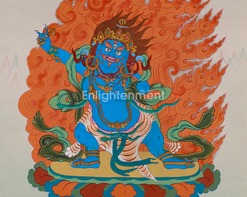 Hand-Painted Wrathful Vajrapani Thangka  | Tibetan Protector Deity