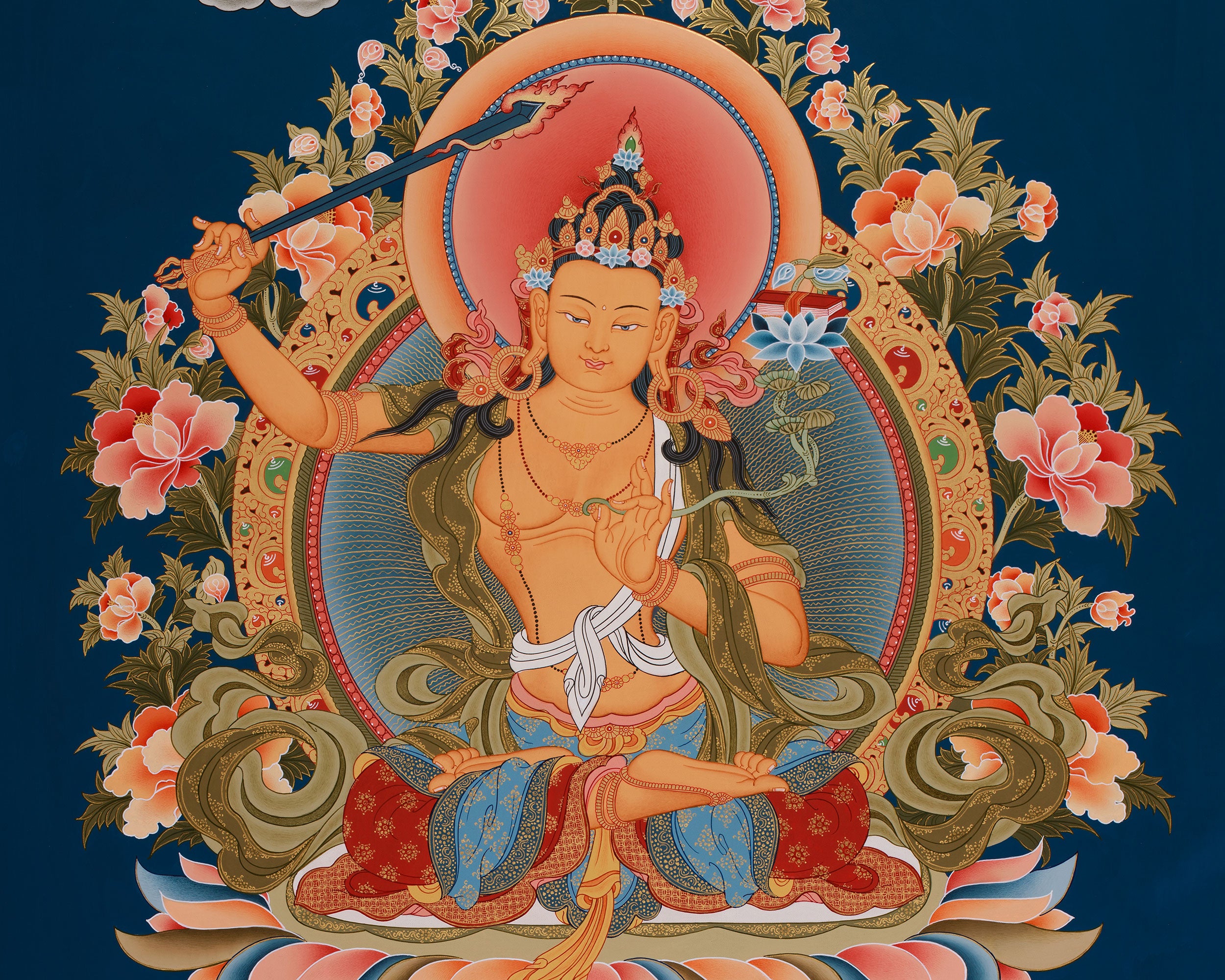 Hand-Painted Bodhisattva Manjushree Thangka | Large Buddhist Artwork of Wisdom Buddha
