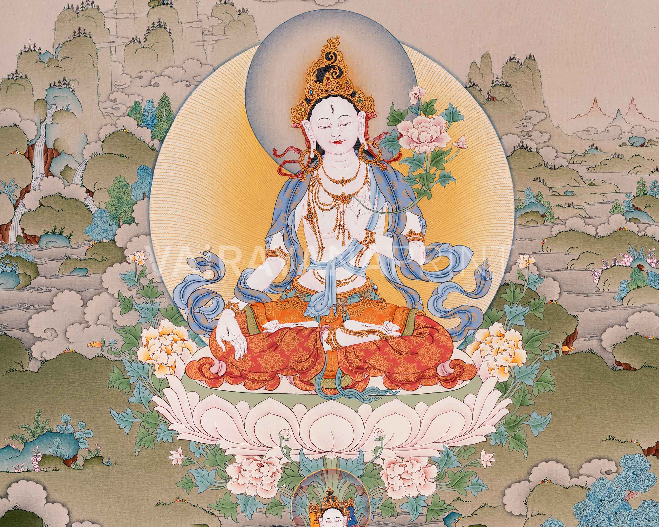 Thangka Print of White Tara | Tibetan Artwork of the Three Longevity Deities