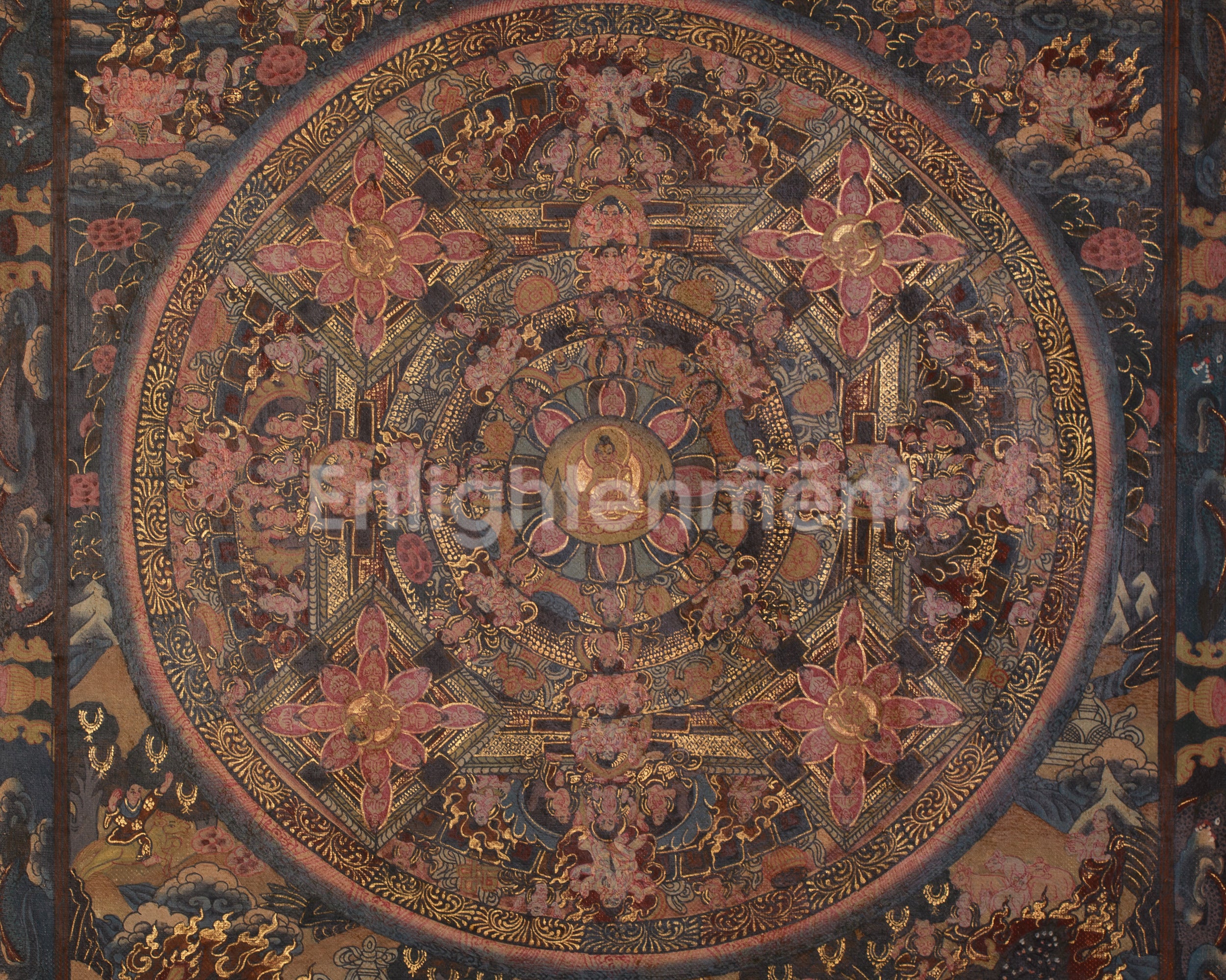 The Vintage Buddha Mandala Thangka | Celestial Buddha & Four Mandalas