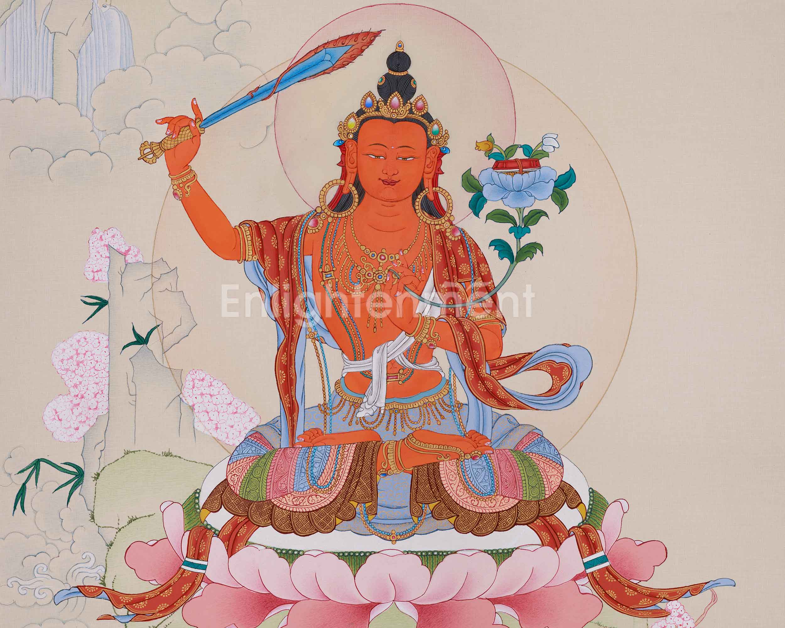 Beautifully Handmade Bodhisattva Manjushri Thangka | Buddha of Knowledge and Wisdom