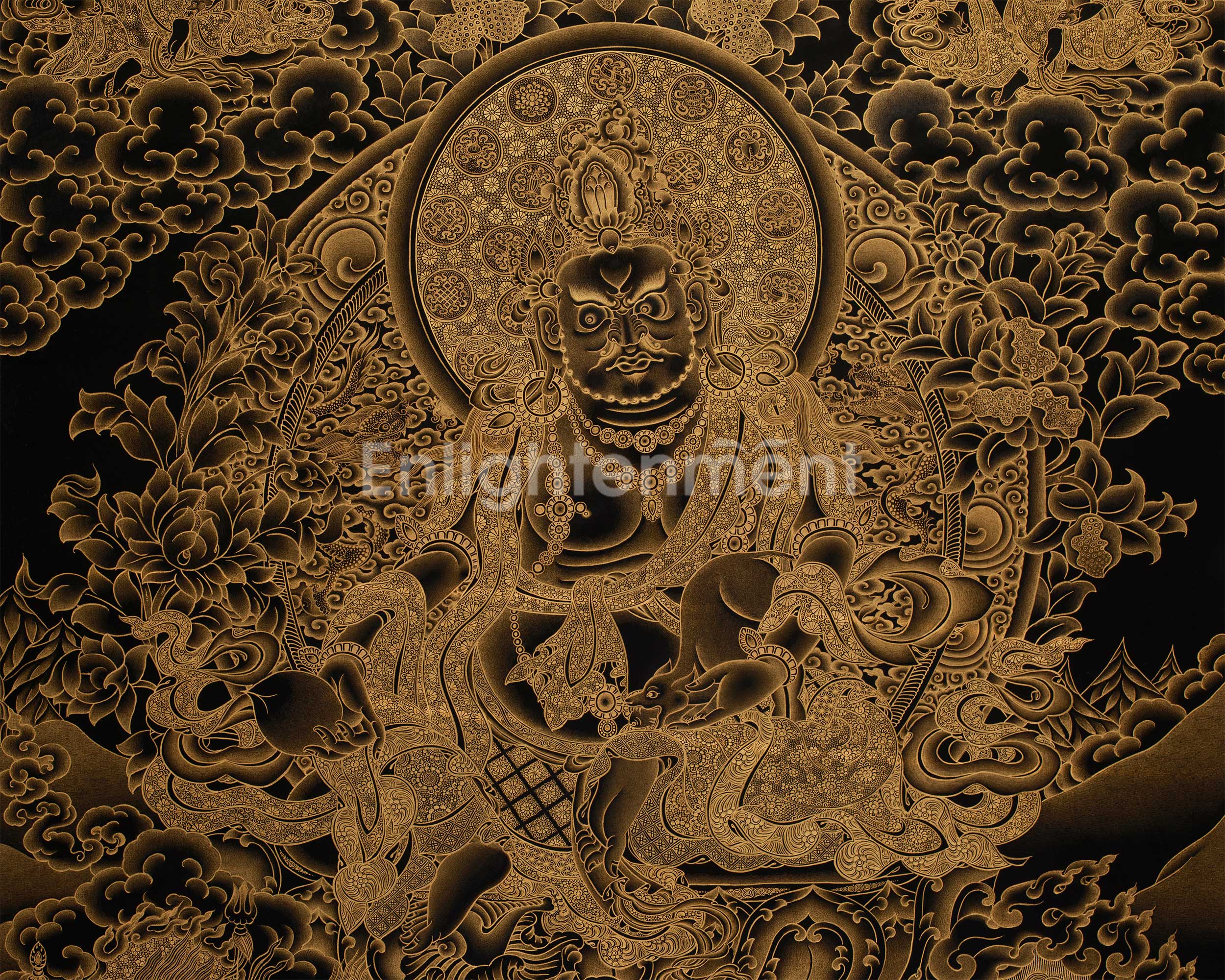 Gold on Black Five Dzambhalas Thangka | Hand-Painted Tibetan Wealth Deities