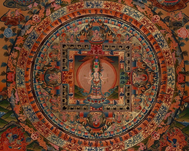 1000 Armed Chenrezig Mandala Thangka | Compassionate Protector and Divine Blessings