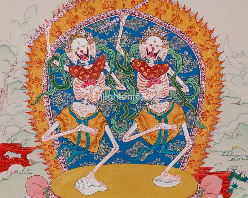 Tibetan Cittipati Thangka | Dancing Skeletons Deities | Divine Protectors