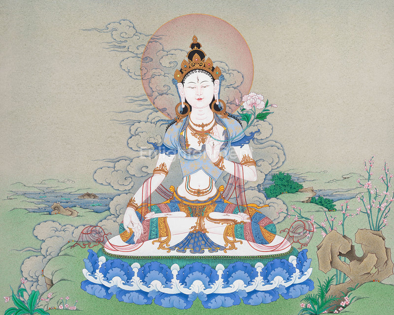 Goddess White Dolma Thangka | Artistic Elegance in Lhasa Stone Hues