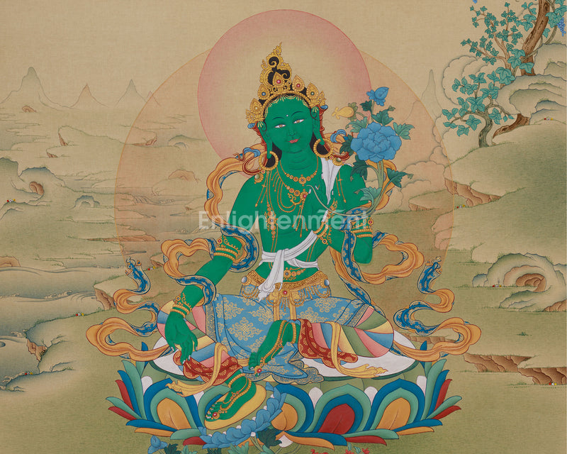 Spiritual Artwork of Goddess Green Tara | Artistic Elegance in Lhasa Stone Hues