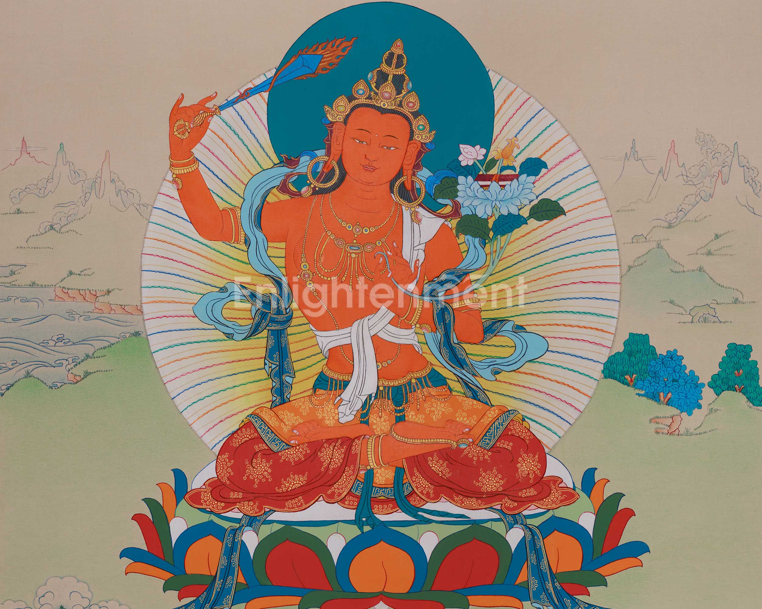 Manjushri Wisdom Deity Art | Sacred Buddhist Thangka | Bodhisattva Wall Decor