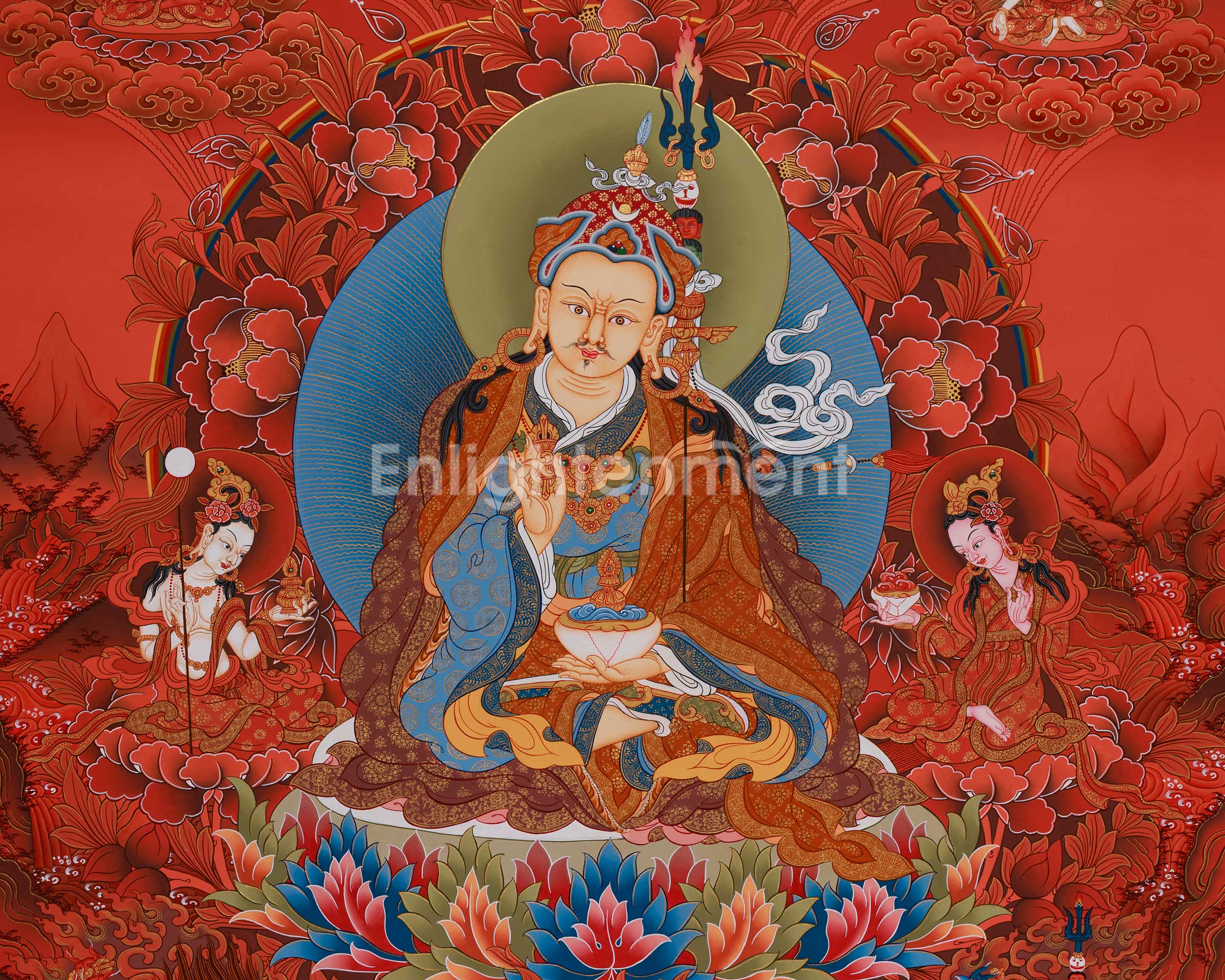 Peaceful Guru Tsokye Dorje | Red Hues Tibetan Artwork